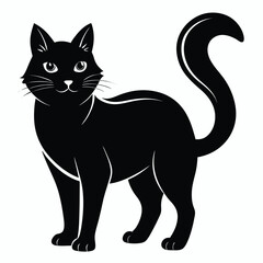 Elegant Black Cat Silhouette with Curled Tail and Playful Whiskers Standing on a White Background