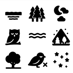 Fototapeta premium Silent Nature Icons. Solid, filled icon set of silence in nature: still lake, quiet forest, moonlit night, resting owl, calm waves