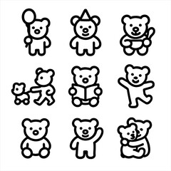 Obraz premium Teddy Bear Activities. Solid, filled icon set of teddy bear activities: teddy bear holding balloon, teddy bear with hat, teddy