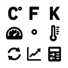 Temperature Icons Grid. Solid, filled icon set of temperature units and scales: Celsius icon, Fahrenheit icon, Kelvin symbol,