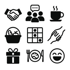 Social Connection Icons. Solid, filled icon set of social connection offline: handshake, group chat, coffee cup, picnic basket,