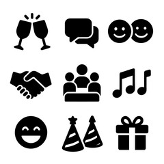 Socializing Icon Set. Solid, filled icon set of Socializing moments: clinking glasses, conversation bubbles, smiling faces,