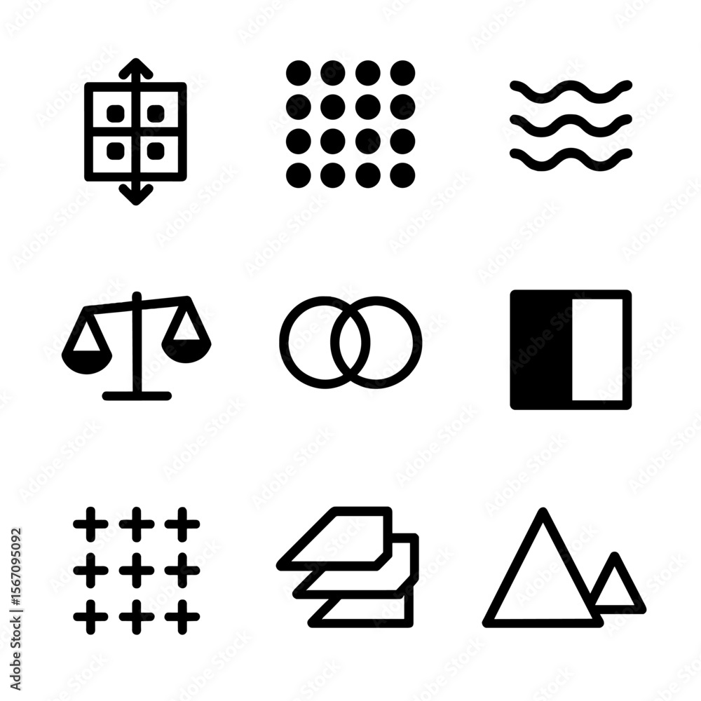 Poster pattern concepts icons. solid, filled icon set of pattern-related concepts: symmetry, repetition, rh