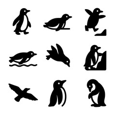 Penguin Movement Icons. Solid, filled icon set of penguin movement: waddling, sliding, jumping, swimming, diving, climbing ice,