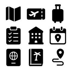 Travel Planning Icons. Solid, filled icon set of travel planning: map, airplane ticket, luggage, travel checklist, hotel icon,