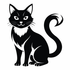 Fototapeta premium Elegant Silhouette of a Sitting Black Cat with a Curled Tail and White Accents
