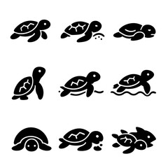 Turtle Hatchling Behaviors. Solid, filled icon set of turtle hatchling behaviors: crawling, digging, resting, looking around,