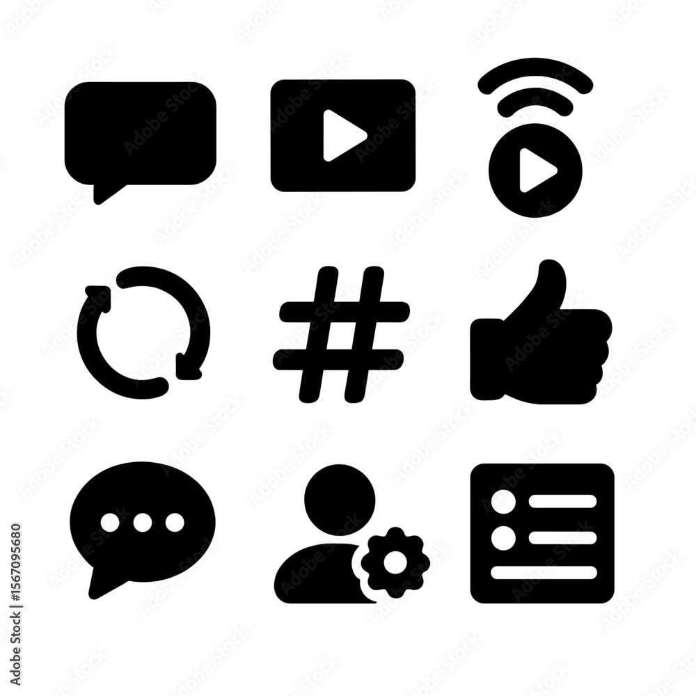 Poster platform features icons. solid, filled icon set of platform features: direct messaging, video upload