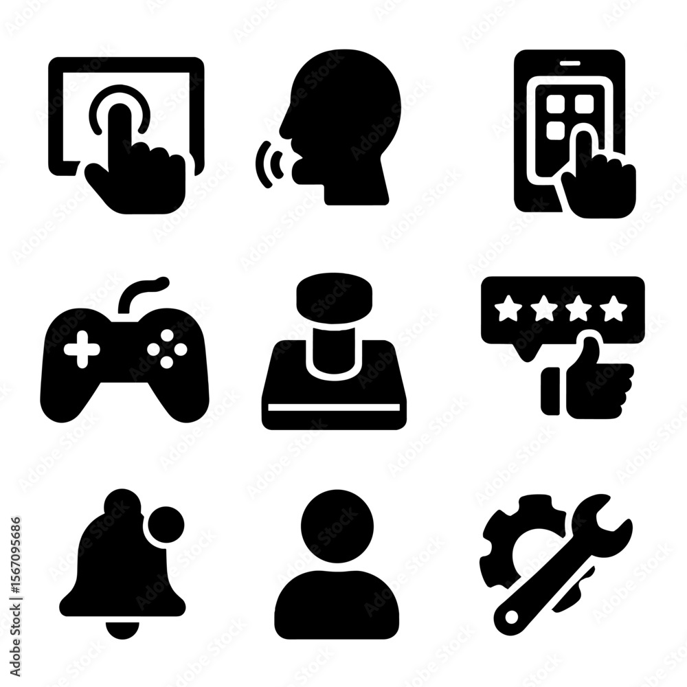 Poster user interface icons. solid, filled icon set of user interaction interfaces: touchscreen panel, voic