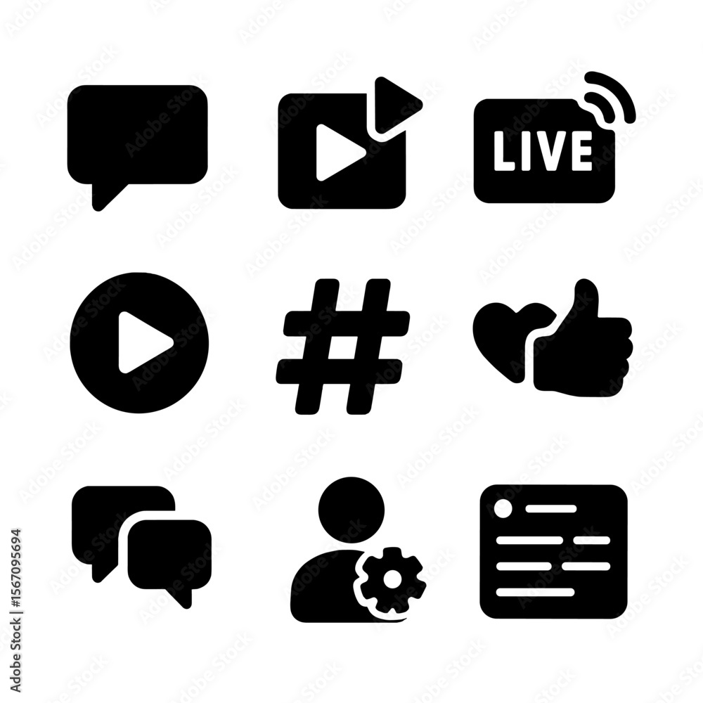 Poster platform features icons. solid, filled icon set of platform features: direct messaging, video upload