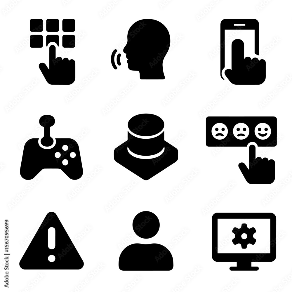 Poster user interface icons. solid, filled icon set of user interaction interfaces: touchscreen panel, voic