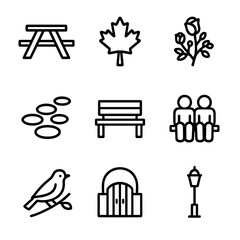 Naklejka premium Urban Nature Icon Set. Solid, filled icon set of urban nature scenes: picnic bench, maple tree, rose bush, stone path, park bench