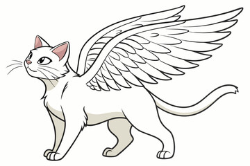 Cartoon White Cat With Wings Standing With a Curious Look Feline With Angel Wings