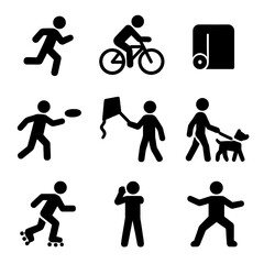Urban Park Activities Icons. Solid, filled icon set of recreational activities in urban parks: jogging, cycling, yoga mat, frisbee