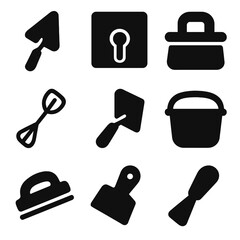 Plastering Tools Icons. Solid, filled icon set of plastering tools: trowel, hawk board, plastering float, mixing paddle, corner