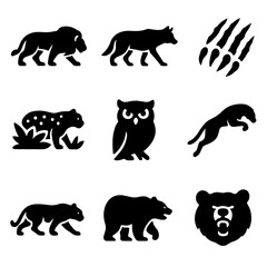 Predator Behavior Icon Set. Solid, filled icon set of predator behavior: stalking lion, hunting wolf, claw attack, sharp teeth,