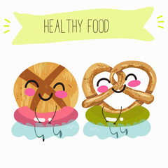 Baked food funny characters, hand drawn vector illustration.