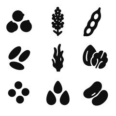 Protein Source Icons. Solid, filled icon set of protein sources: chickpeas, quinoa, soy pods, wheat grains, algae, nuts, lentils,