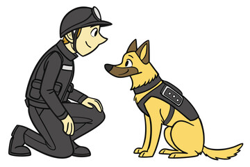 Animated Rescue Worker Kneeling Before Loyal Search Dog in Harness