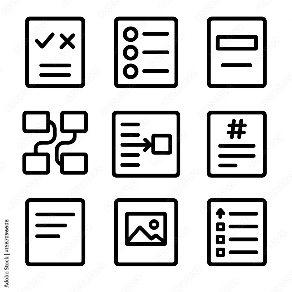 Poster quiz icon set. solid, filled icon set of quiz question types: true/false, multiple choice, fill in b