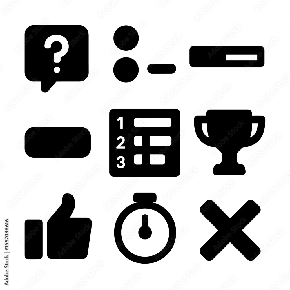 Poster quiz interface icons. solid, filled icon set of quiz interface elements: question bubble, radio butt