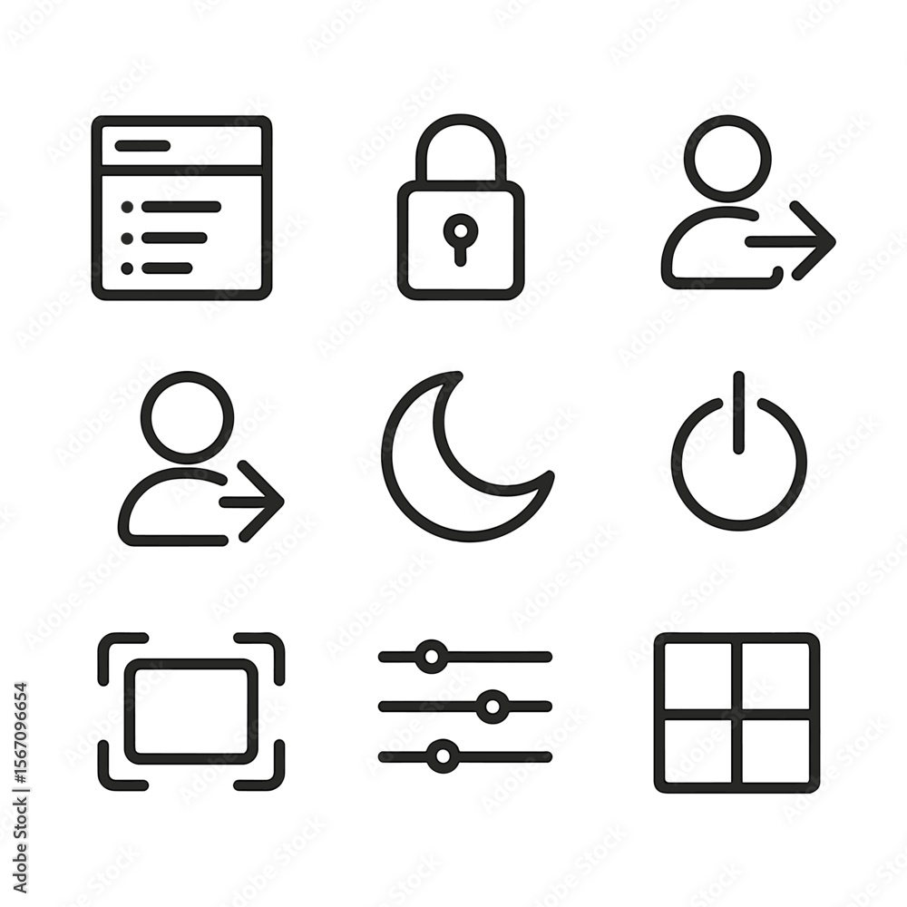 Poster system hotkey icons. outline icon set of system hotkeys: task manager, lock screen, log out, switch 