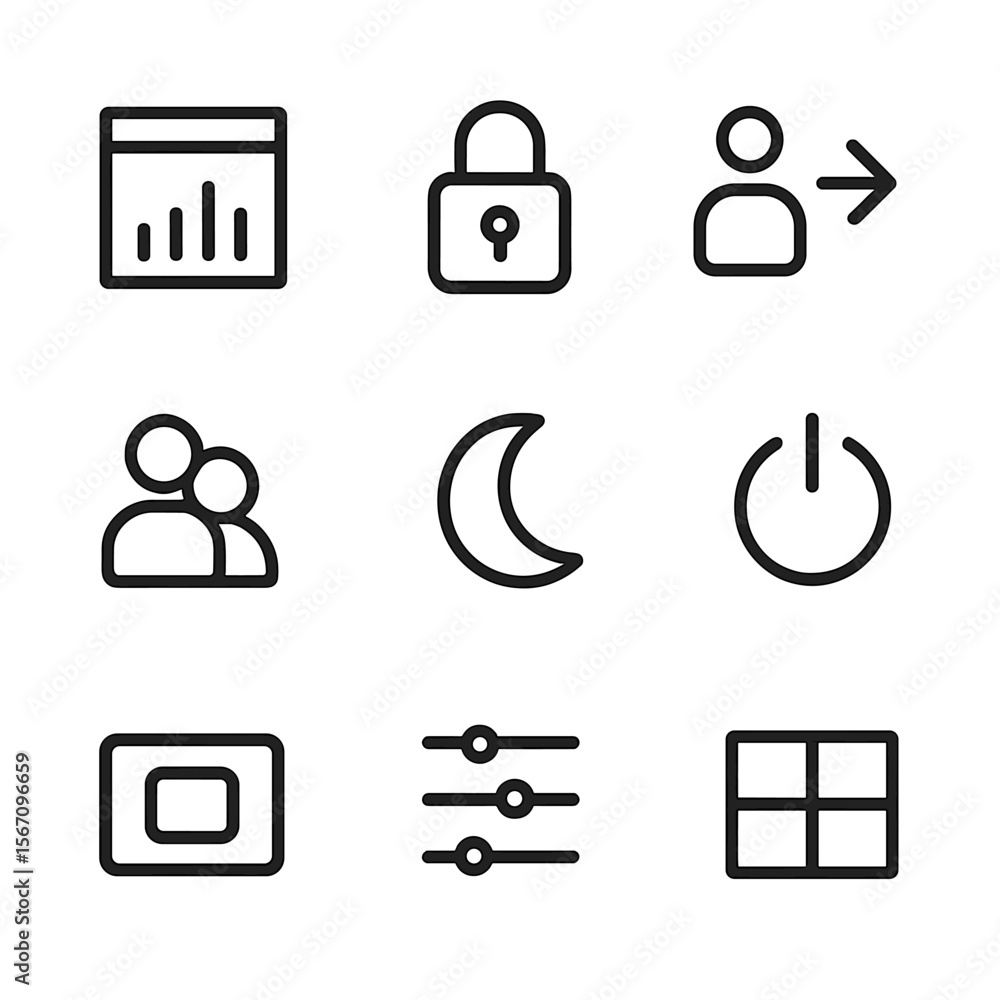 Poster system hotkey icons. outline icon set of system hotkeys: task manager, lock screen, log out, switch 