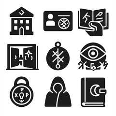 Magical Society Icons. Solid, filled icons set of secret magical societies in cities: rune-marked building,