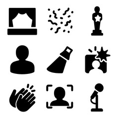 Recognition Ceremony Icons. Solid, filled icon set of recognition ceremony: stage, confetti, award statue, recipient icon,