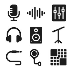 Recording Studio Icons. Solid, filled icon set of recording session: microphone, sound wave, mixing console, headphones, studio