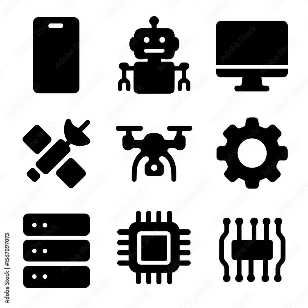 Poster technological icon grid. solid, filled icon set of technological breakthroughs: smartphone, robot, c