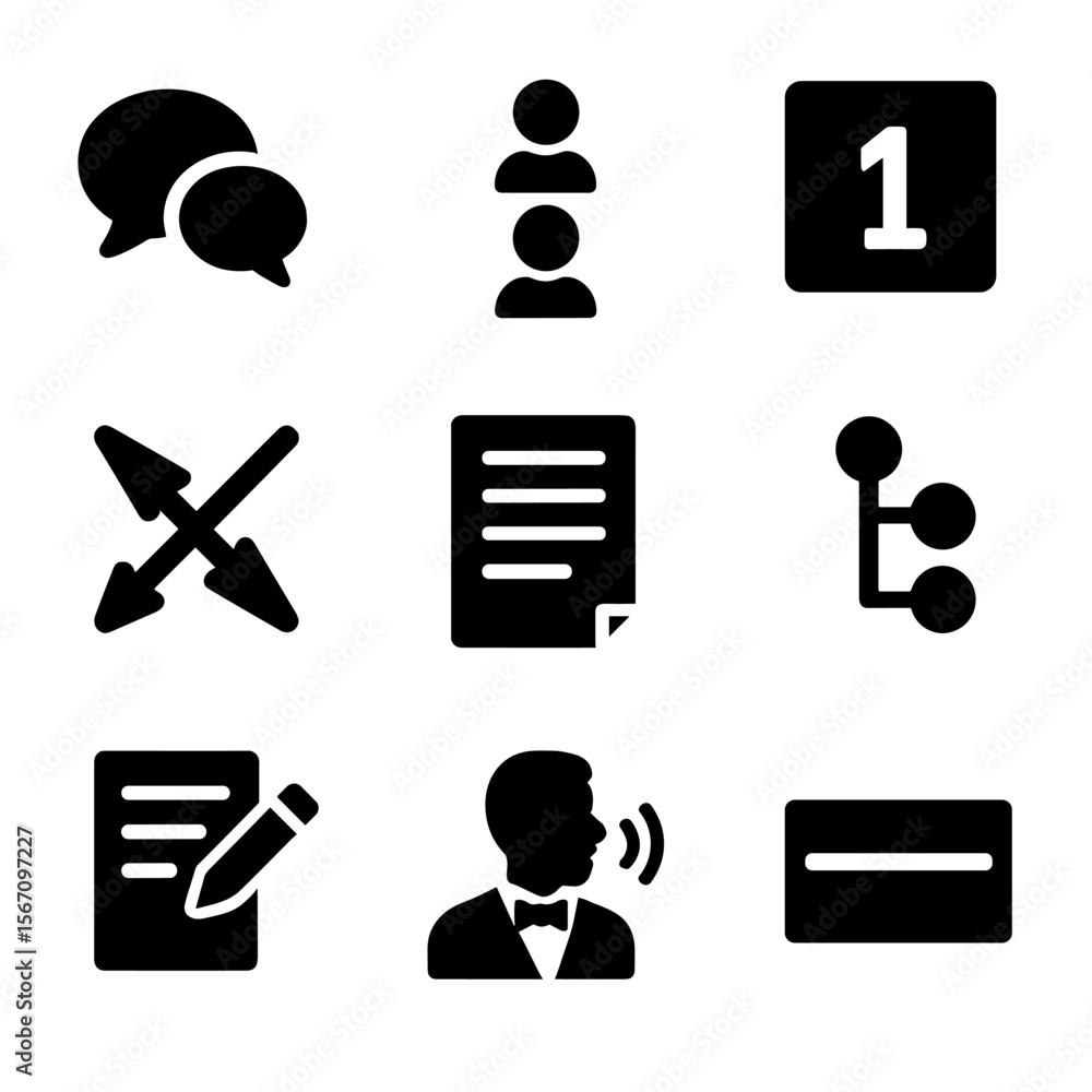 Poster theater script icons. solid, filled icon set of theater script elements: dialogue bubbles, character