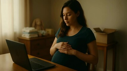 Pregnant woman working from home on laptop while touching belly during possible contraction - Powered by Adobe
