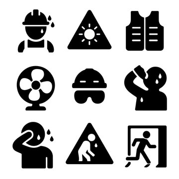 Workplace Heat Safety Icons. Solid, filled icon set of workplace sweating: factory worker, heat hazard sign, cooling vest, fan,