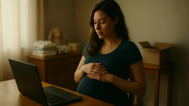 Pregnant woman working from home on laptop while touching belly during possible contraction
