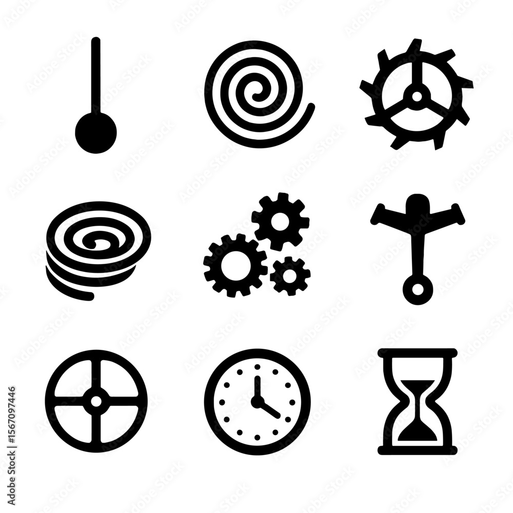 Poster timekeeping icon set. solid, filled icon set of timekeeping elements: pendulum, balance spring, esca
