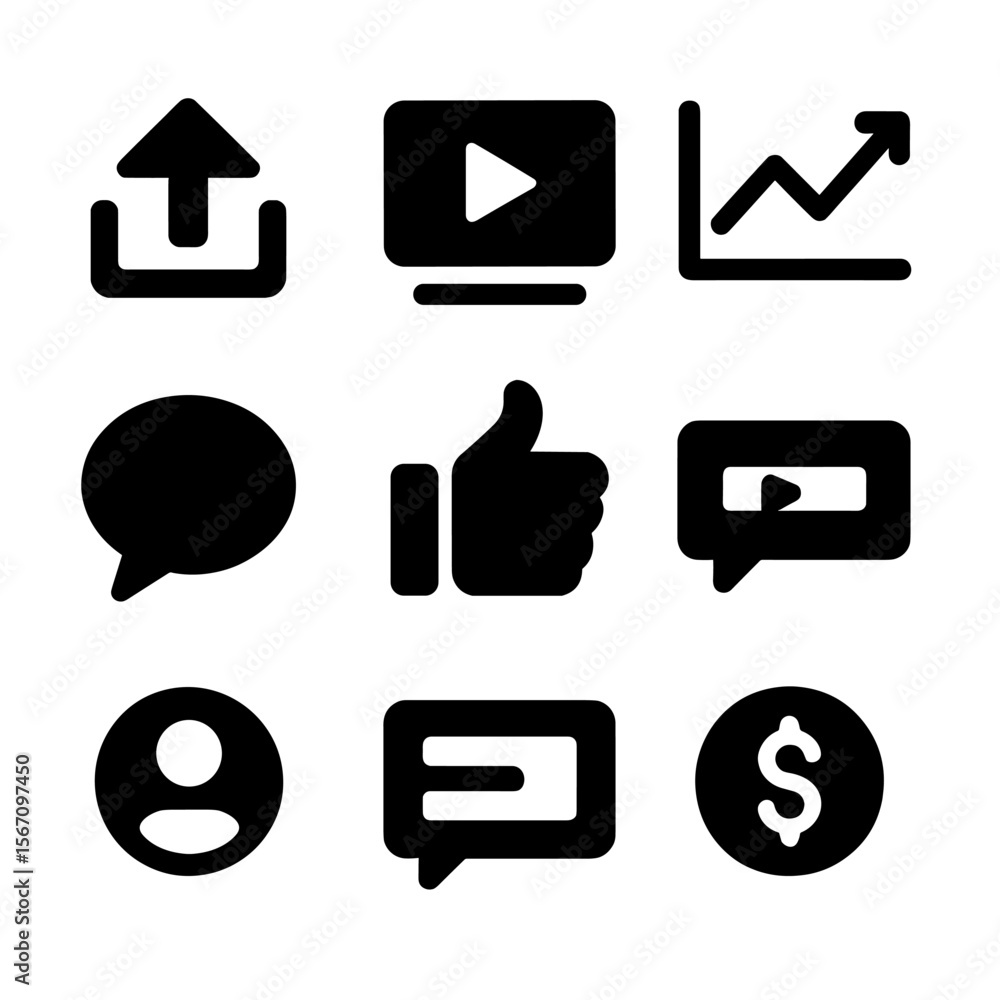 Poster youtube icon set. solid, filled icon set of youtube channel creation: upload button, thumbnail previ