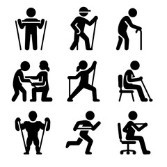 Resistance Band User Icons. Solid, filled icon set of resistance band user types: beginner, athlete, senior, physical therapist,