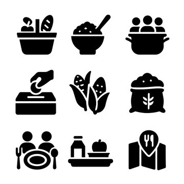 Zero Hunger Icon Set. Solid, filled icon set of zero hunger goals: food basket, rice bowl, community kitchen, donation box, farm