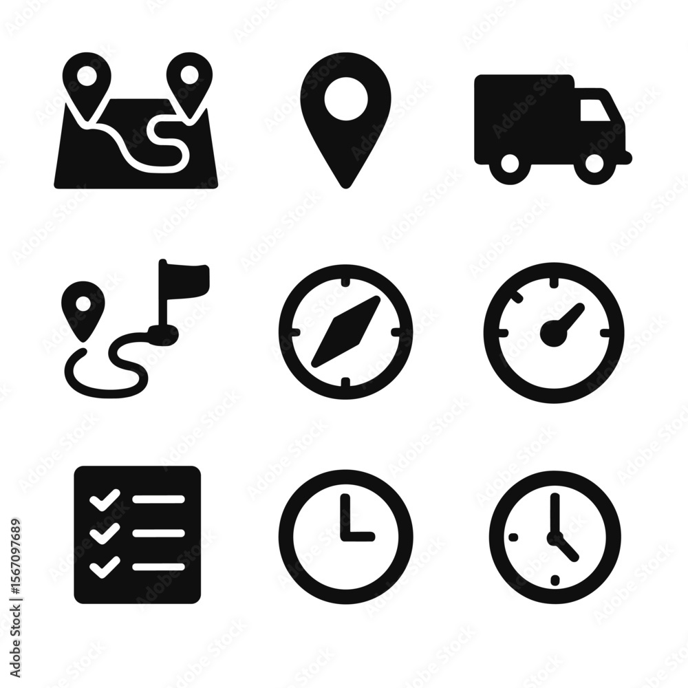 Poster route optimization icons. solid, filled icon set of route optimization chart: map with pins, route p