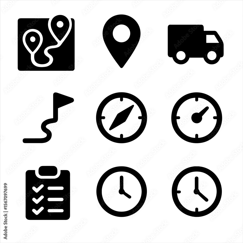 Poster route optimization icons. solid, filled icon set of route optimization chart: map with pins, route p