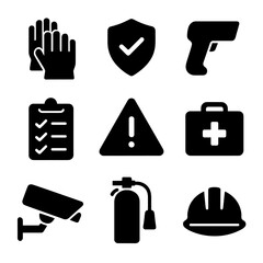Safety Control Icons. Solid, filled icon set of safety and quality control: safety gloves, quality check, barcode scanner,