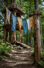 Prayer flags hanging in enchanted forest leading to wooden treehouse