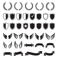 Collection of black heraldic shields laurel wreaths wings and banners on white background
