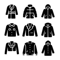 Urban Outerwear Icons. Solid, filled icon set of urban outerwear: trench coat, puffer jacket, windbreaker, denim jacket, leather