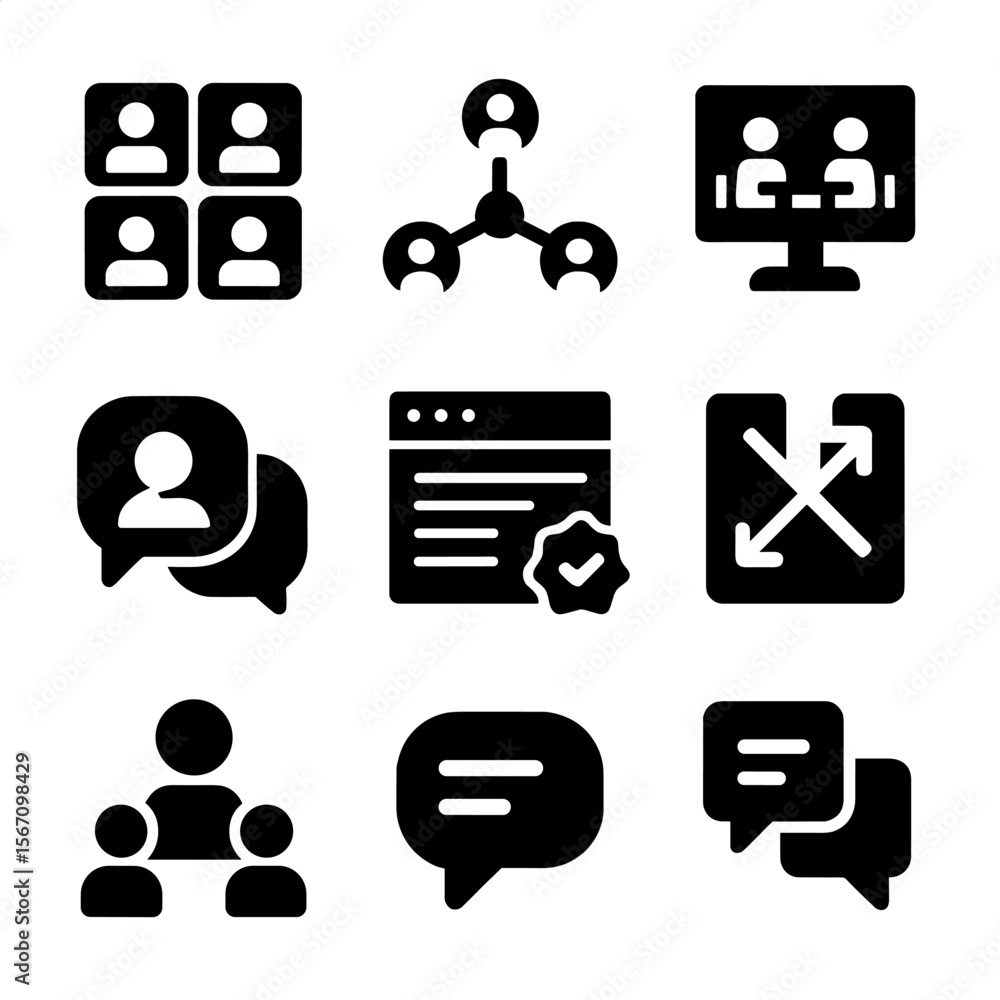Poster virtual team symbols. solid, filled icon set of virtual team environments: avatars grid, team hub, s