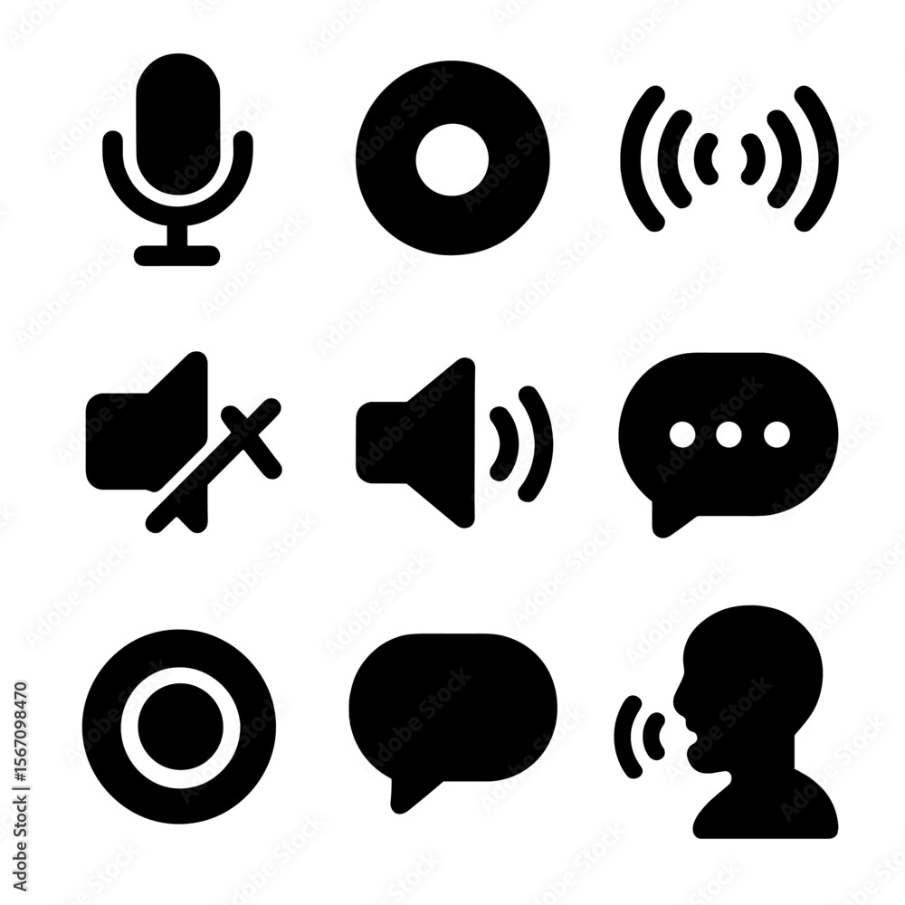 Poster voice interface icons. solid, filled icon set of user interface elements: voice command button, list