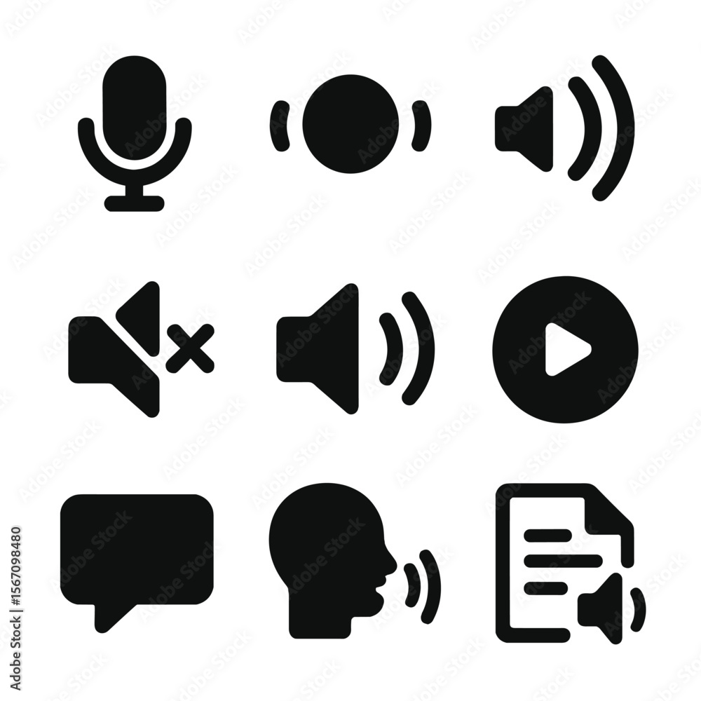 Poster voice interface icons. solid, filled icon set of user interface elements: voice command button, list