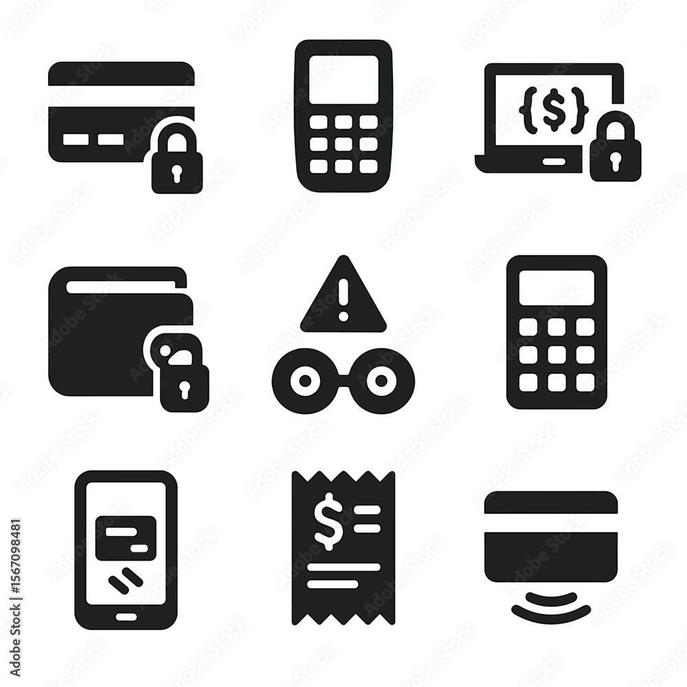 Poster secure payment icons. solid, filled icon set of secure payment methods: credit card lock, payment te