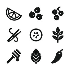 Vodka Flavor Icons. Solid, filled icon set of vodka flavors and infusions: citrus slice, peppercorn, berry cluster, vanilla pod,
